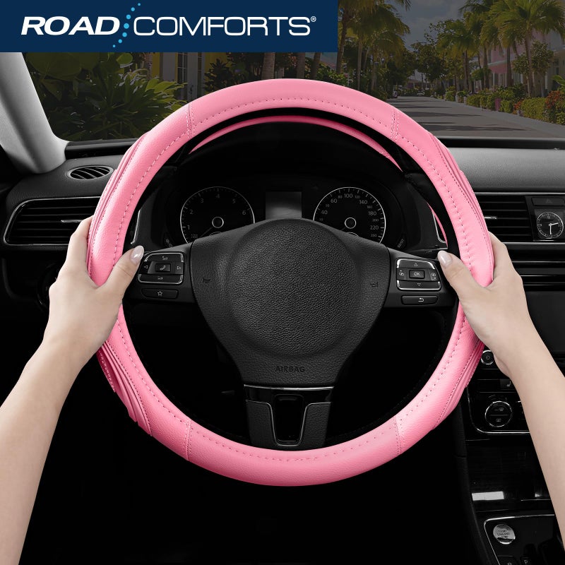 Road Comforts Car Steering Wheel Cover - Microfiber Leather Steering Wheel Wrap Sports 14.5-15 Inch Steering Wheel Cover Non-Slip for Men Women Pink & Pink Color - Image 5
