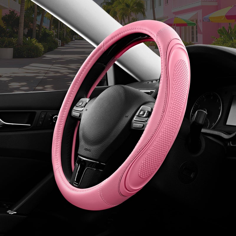 Road Comforts Car Steering Wheel Cover - Microfiber Leather Steering Wheel Wrap Sports 14.5-15 Inch Steering Wheel Cover Non-Slip for Men Women Pink & Pink Color - Image 1