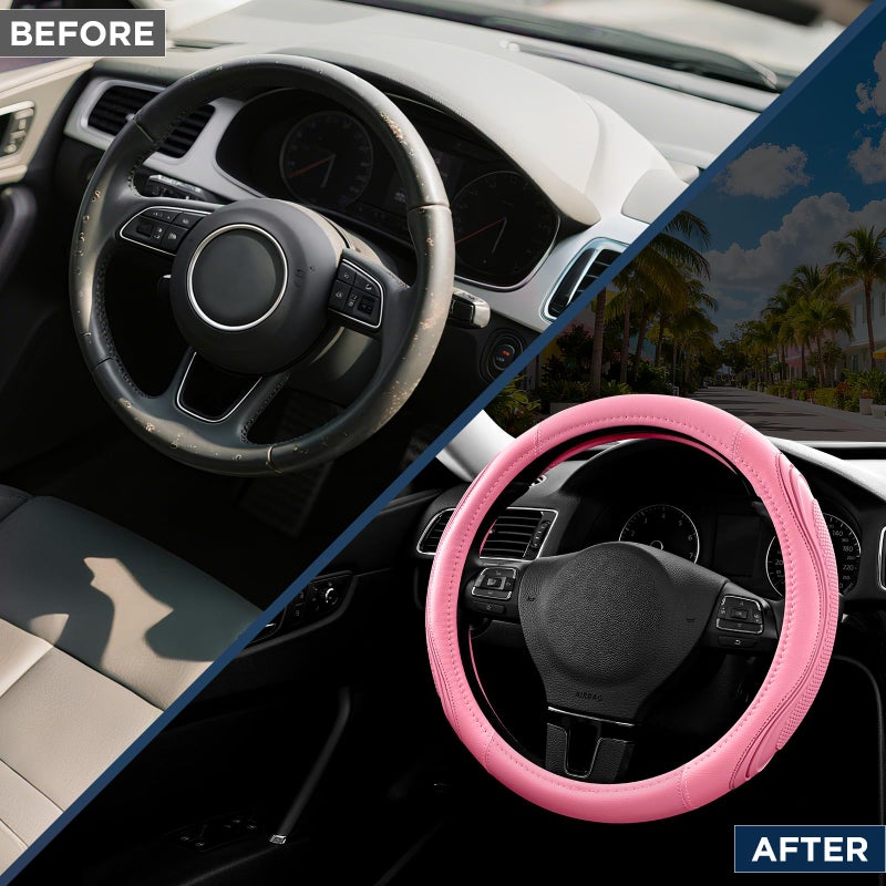 Road Comforts Car Steering Wheel Cover - Microfiber Leather Steering Wheel Wrap Sports 14.5-15 Inch Steering Wheel Cover Non-Slip for Men Women Pink & Pink Color - Image 3