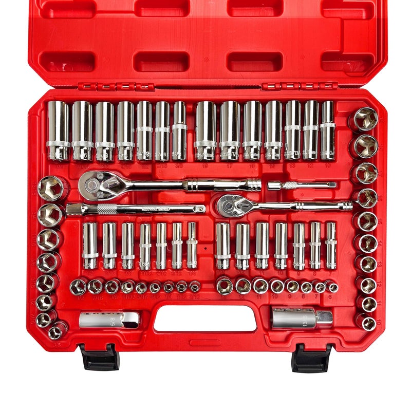 EACELIY 69pcs 1/4â€&3/8"" Drive Impact Socket Set,Drive Master Socket Set,SAE/Metric, Deep & Shallow with Drive Head Ratchet,Drive Spark Plug Socket,Extension bar (3â€ & 6â€),6 Point,CR-V Steel, Mirror - Image 1