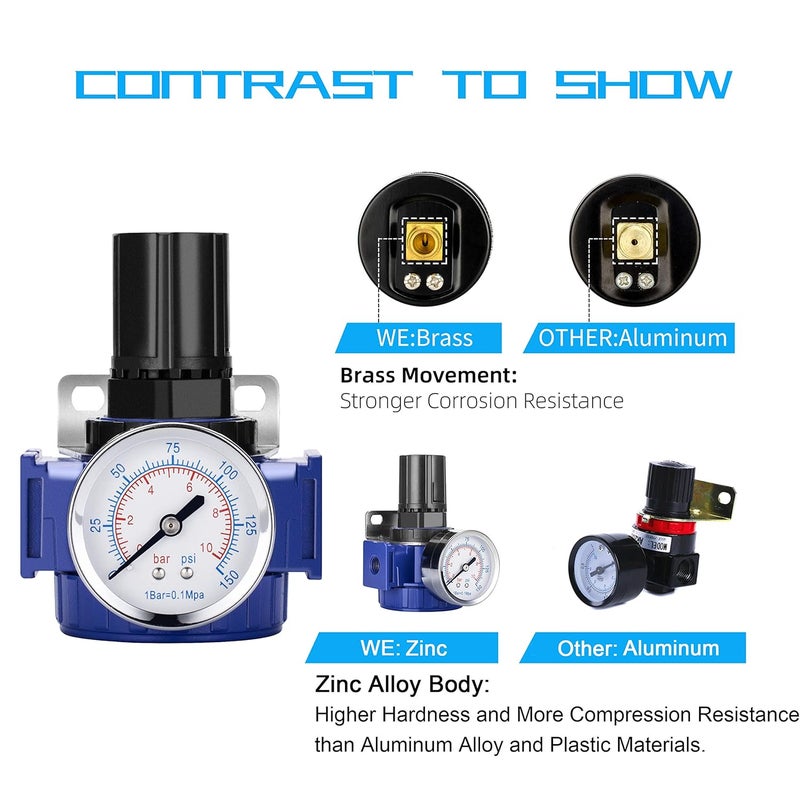 NANPU 1/2" NPT Compressed Air Regulator, Zinc Alloy Body, 150 psi Copper Core Steel-Protected Dial Gauge ＆ Metal Bracket, for Air Compressor ＆ Pneumatic Tools - Image 5
