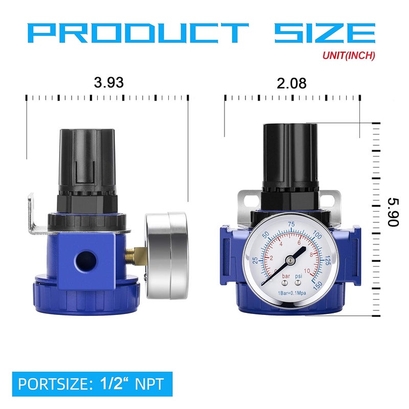 NANPU 1/2" NPT Compressed Air Regulator, Zinc Alloy Body, 150 psi Copper Core Steel-Protected Dial Gauge ＆ Metal Bracket, for Air Compressor ＆ Pneumatic Tools - Image 2