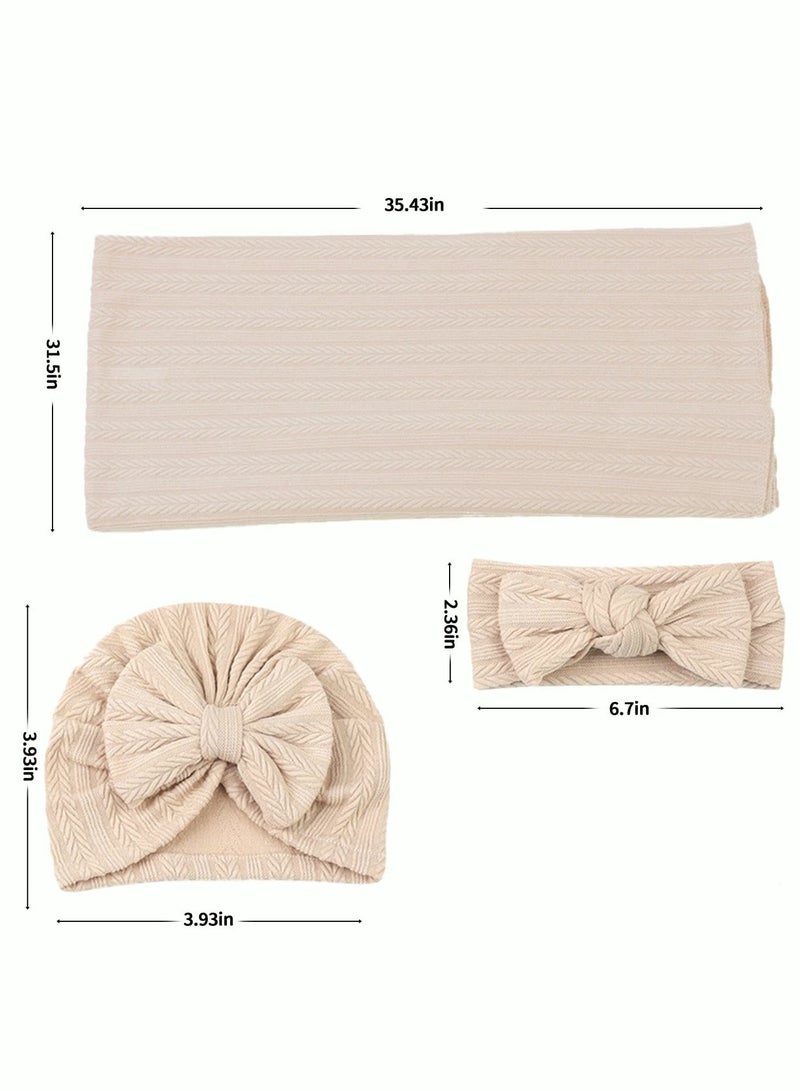 DOOKOO 3pcs Baby Swaddle Set Newborn Receiving Headband Blankets and Bow Hat Newborn Essentials Soft Nursery Swaddling Blankets Stretchy Baby Blankets for Girls and Boys Unisex - Image 4