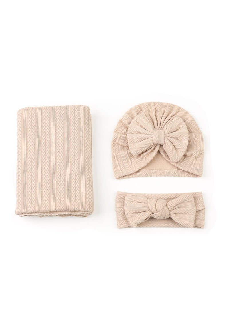 DOOKOO 3pcs Baby Swaddle Set Newborn Receiving Headband Blankets and Bow Hat Newborn Essentials Soft Nursery Swaddling Blankets Stretchy Baby Blankets for Girls and Boys Unisex - Image 1