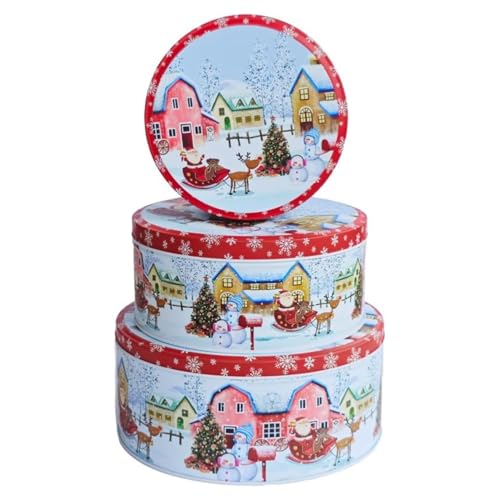 Hadaaya Pack of 3 Christmas Cookie Tins With Lids, Festive Holiday Cookie Tins for Treats & Gifts, Multipurpose Storage Container for Cookies, Snacks & More With Multicolor Christmas Wonderland Design - Image 2