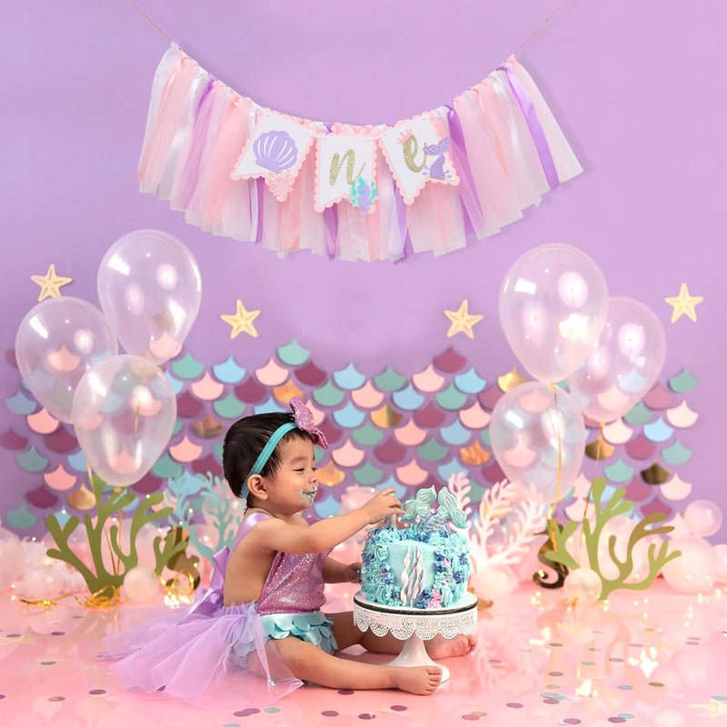 HIKLO Mermaid 1st Birthday High Chair Banner - Under the Sea First Birthday Party Decoration, Mermaid Theme One Party Banner, Cake Smash Photo Props for Girl - Image 3