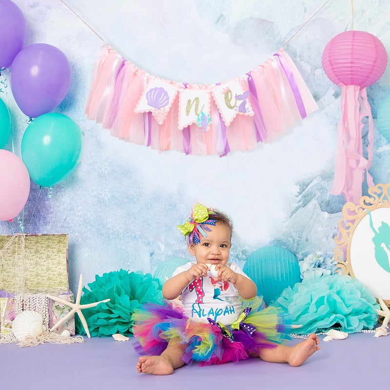 HIKLO Mermaid 1st Birthday High Chair Banner - Under the Sea First Birthday Party Decoration, Mermaid Theme One Party Banner, Cake Smash Photo Props for Girl - Image 5