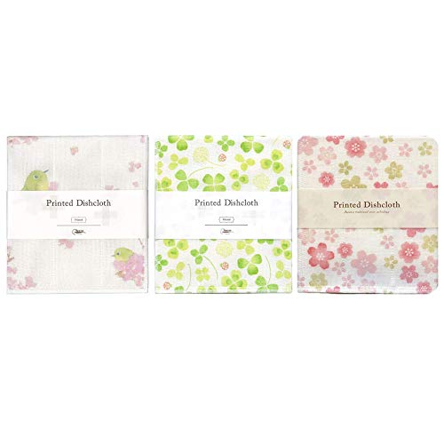 Nawrap Printed Dishcloths Set of 3, Japanese White-Eye + Clover + Flower - Image 1