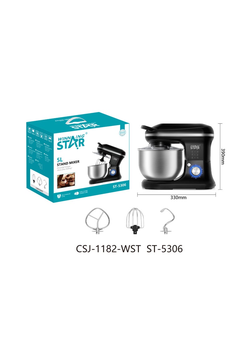 Winning Star Electric Mixer, 5L Capacity, 6 Speeds with Pulse, Multi-Purpose, Includes Attachments, 1200W, Black & Silver, Model: ST-5306 - Image 1