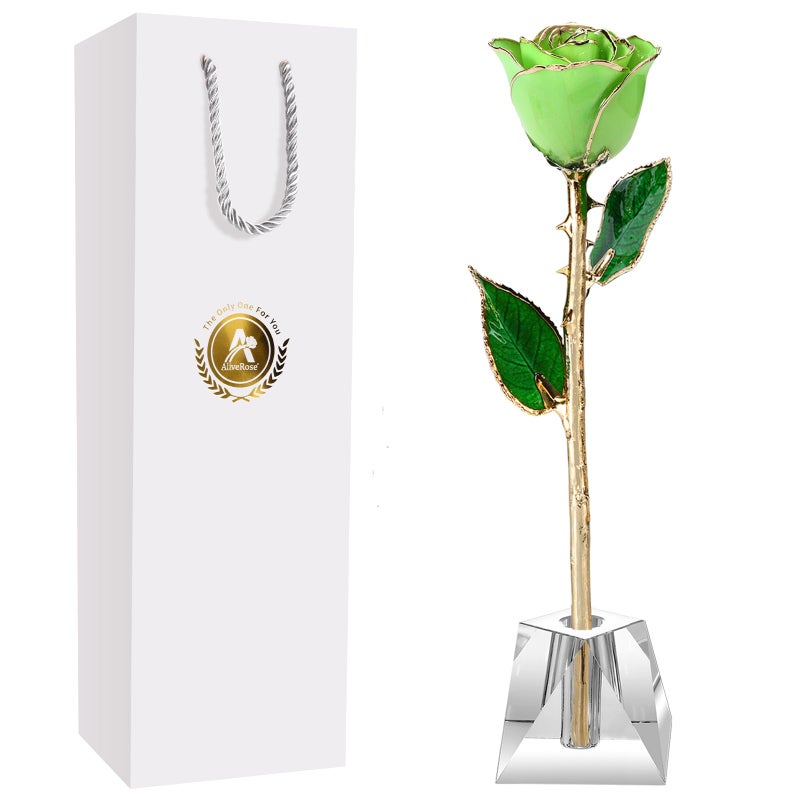 AliveRose Valentines Day Gift Rose  24K Gold Dipped Rose Made from Real Rose - Unique Design Gold Plated Rose for Anniversary Valentines (Green Handmade Rose with Crystal Base) - Image 1