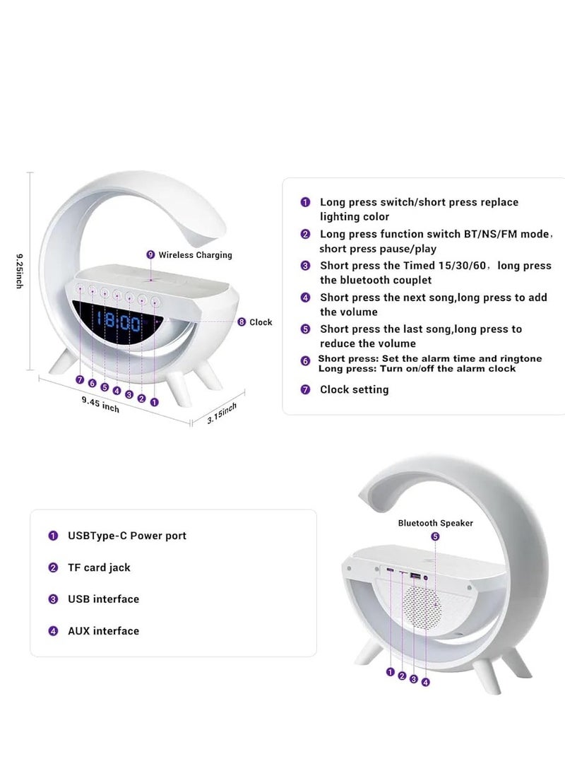 The AN2304MINI speaker combines practical sound with everyday functionality. It features a modern arc design with a digital time display, a built-in phone holder, and colorful lights that add a touch of elegance to any room. It can be used as an alarm clock, an indoor speaker, or as a music station to play music from a TF card or USB. It comes with a remote control for easy operation. - Image 2