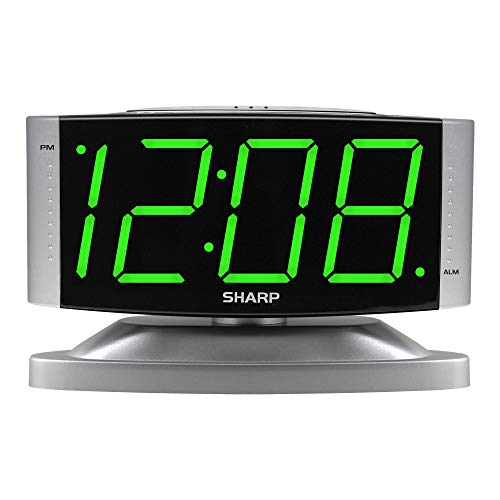 Sharp Home LED Digital Alarm Clock – Swivel Base - Outlet Powered, Simple Operation, Alarm, Snooze, Brightness Dimmer, Big Green Digit Display, Silver Case - Image 1