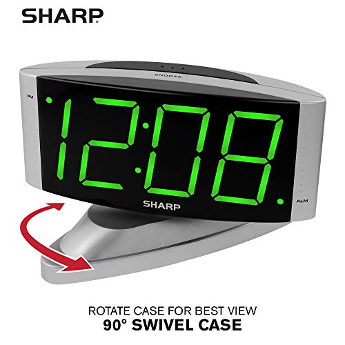 Sharp Home LED Digital Alarm Clock – Swivel Base - Outlet Powered, Simple Operation, Alarm, Snooze, Brightness Dimmer, Big Green Digit Display, Silver Case - Image 2
