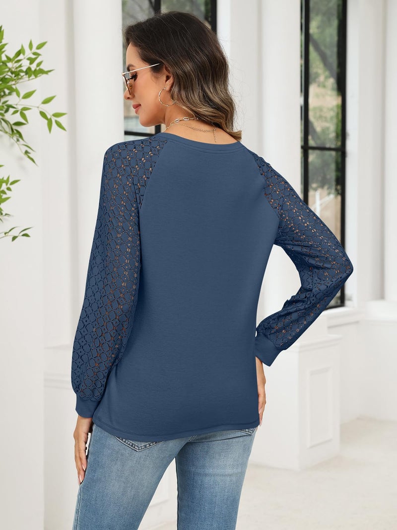 Minetom Women's Lace Long Sleeve Tops Henley Shirts Casual Blouses T Shirts Fall Clothes Navy Blue - Image 5