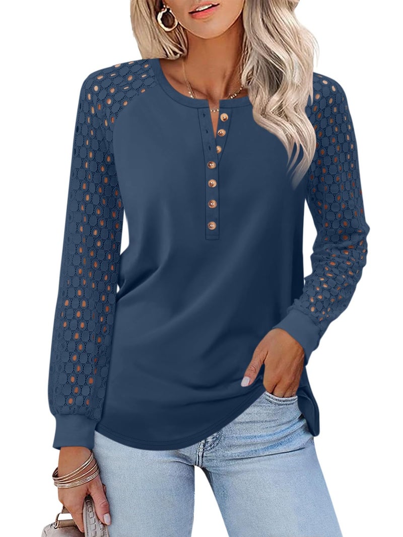 Minetom Women's Lace Long Sleeve Tops Henley Shirts Casual Blouses T Shirts Fall Clothes Navy Blue - Image 1