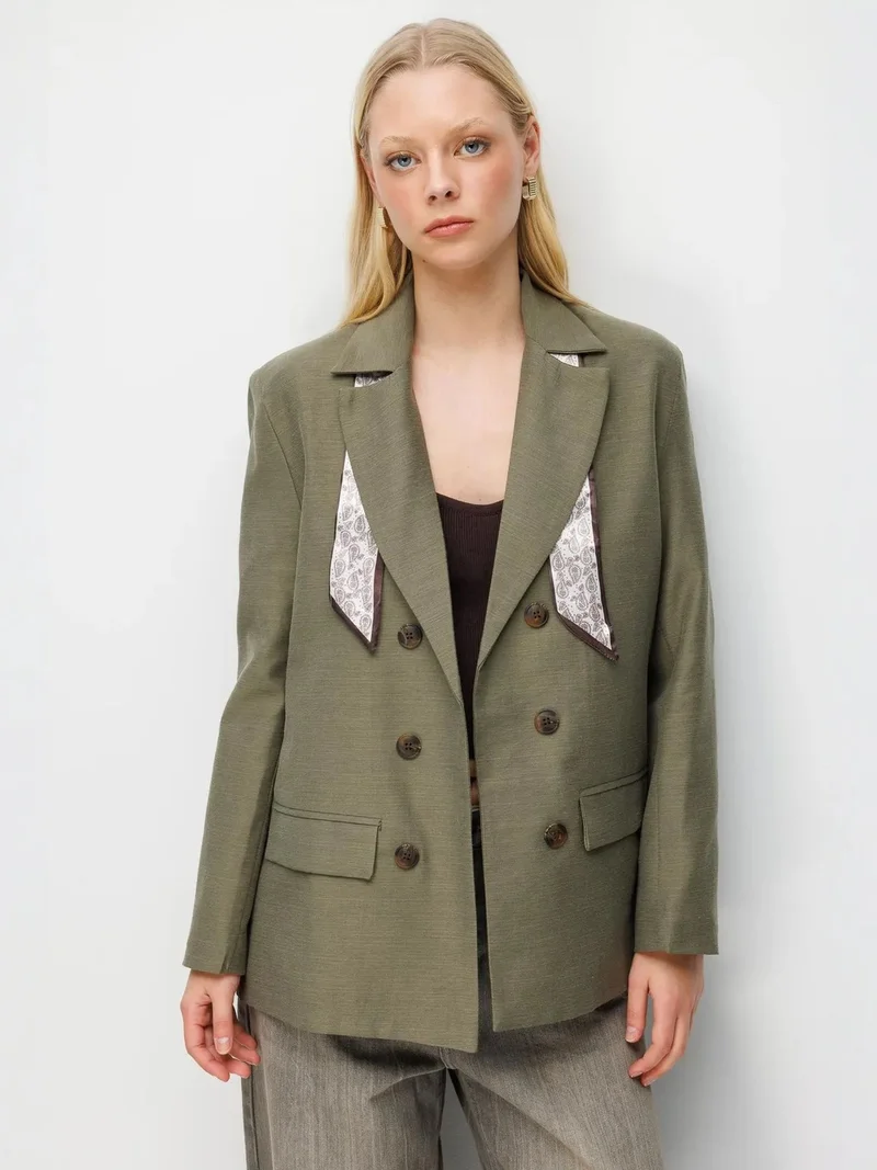 Mixray Khaki Green MIXRAY Linen Blazer Jacket with Scarf Detail for Women | Best Price UAE