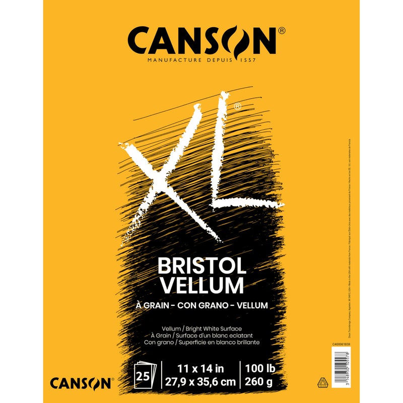 Canson XL Series Bristol Paper Vellum Foldover Pad 11x14 inches 25 Sheets 100lb260g Artist Paper for Adults and Students Charcoal Pen and Ink Marker and Pastel