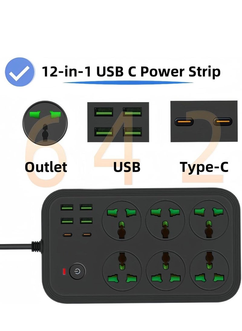 TIGER (EU Plug) 12-in-1 Power Strip with USB-C, 6 AC Outlets, 4 USB Ports, 110-240V, Max 3000W, Wall Mountable International Extension Cord for European Travel (Black) – Surge Protection & Fast Charging for Home, Office & Travel - Image 2