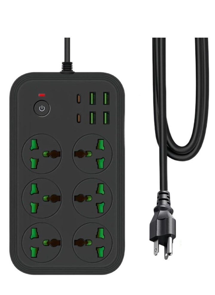 TIGER (EU Plug) 12-in-1 Power Strip with USB-C, 6 AC Outlets, 4 USB Ports, 110-240V, Max 3000W, Wall Mountable International Extension Cord for European Travel (Black) – Surge Protection & Fast Charging for Home, Office & Travel - Image 1