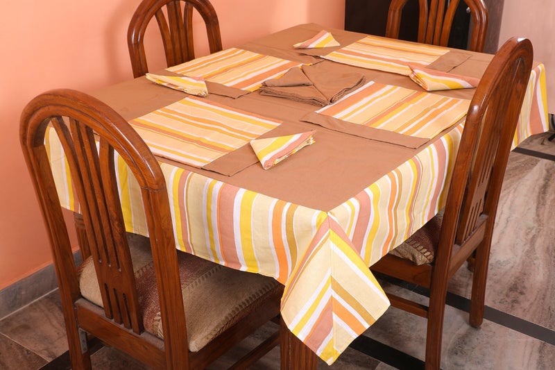 Dekor World 25 Pieces Cotton Stripe Printed Rectangle Table Cover with Place Mat & Napkin (Yellow-Khakhi, Table: 150x275 cm, Place Mat: 33x47 cm; Napkin: 45x45 cm) for Dining Table - Image 1
