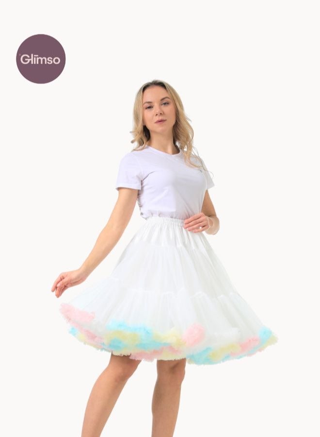 Glimso tutu skirt Festival Fluffy Layered Tulle Skirt Dance Party Rainbow Ruffle Trim Elastic Waist Costume Ballet Underskirt Puffy Skater White L  - Image 2