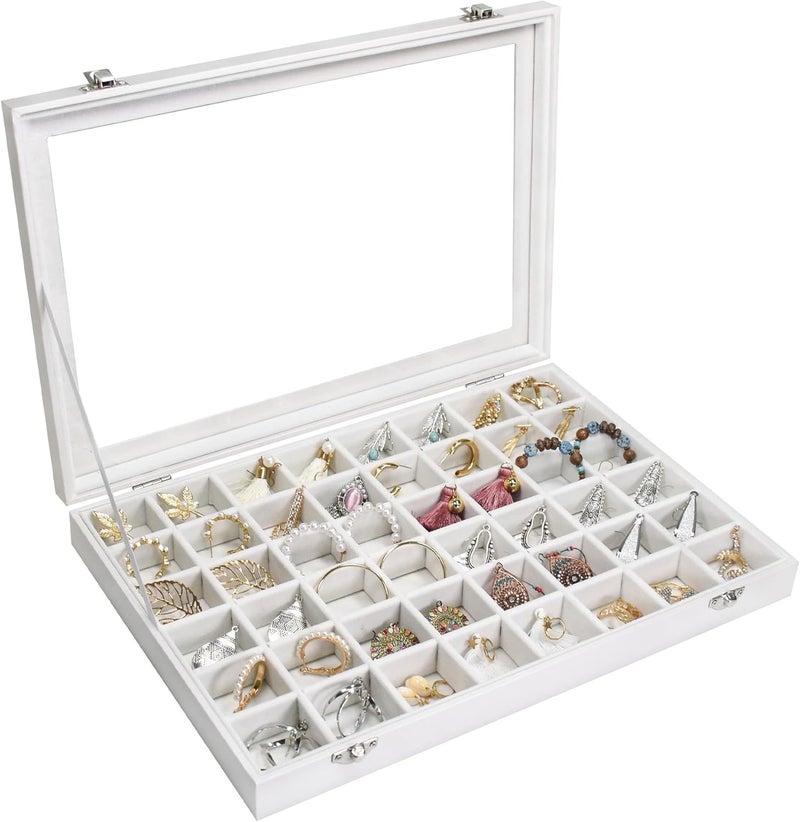 Siveit Jewelry Tray Organizer Box 48 Grid Jewelry Display Organizer Box with Transparent Lid Rings Earrings Necklaces Pendants Display Box Suitable for Women and Girls (48 Grid, White) - Image 1