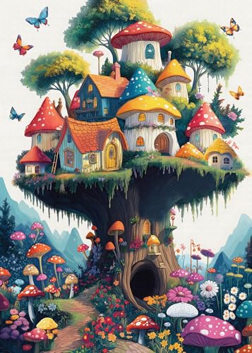 PICKFORU Mushroom Puzzles for Adults 1000 Pieces Magic Mushroom Treehouse Puzzle Fantasy Colorful Art Jigsaw Puzzle Challenging Hard Puzzles for Adults - Image 1