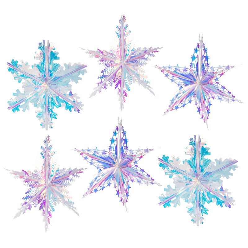 Crafjie 6pcs 16 Inch Iridescent Snowflake Ornament Hanging Decoration Clear Foil Decorative Lace Edge Snowflake Folding Rainbow Ornaments for Bridal Shower Wedding Birthday Frozen Christmas Theme Decoration - Image 1