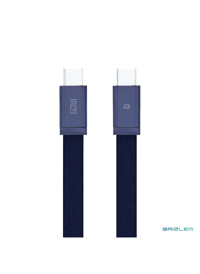 بريزلر كابل شحن سريع USB-C إلى USB-C بقوة 60 واط – كابل مسطح ومتين مجدول بالنايلون ومقاوم للتشابك، مزود بموصلات من سبائك الألومنيوم – لون أزرق كحلي - Image 1