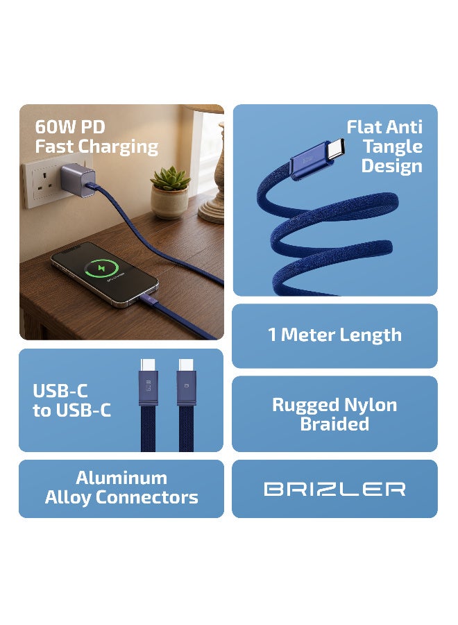 بريزلر كابل شحن سريع USB-C إلى USB-C بقوة 60 واط – كابل مسطح ومتين مجدول بالنايلون ومقاوم للتشابك، مزود بموصلات من سبائك الألومنيوم – لون أزرق كحلي - Image 2