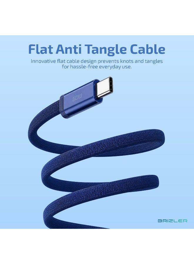 بريزلر كابل شحن سريع USB-C إلى USB-C بقوة 60 واط – كابل مسطح ومتين مجدول بالنايلون ومقاوم للتشابك، مزود بموصلات من سبائك الألومنيوم – لون أزرق كحلي - Image 3