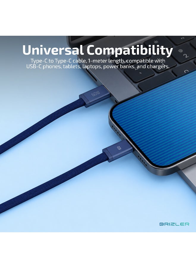 بريزلر كابل شحن سريع USB-C إلى USB-C بقوة 60 واط – كابل مسطح ومتين مجدول بالنايلون ومقاوم للتشابك، مزود بموصلات من سبائك الألومنيوم – لون أزرق كحلي - Image 4