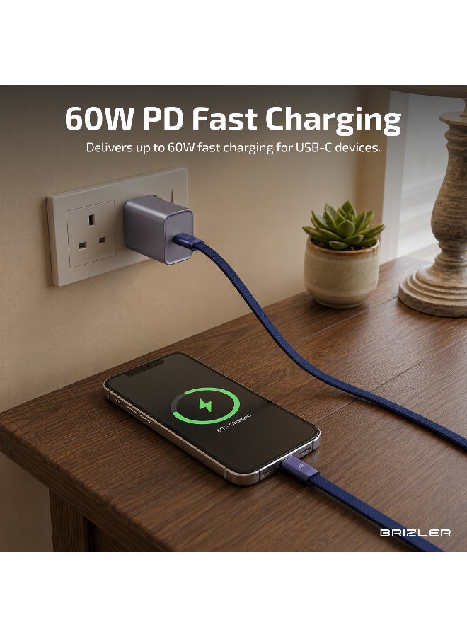 بريزلر كابل شحن سريع USB-C إلى USB-C بقوة 60 واط – كابل مسطح ومتين مجدول بالنايلون ومقاوم للتشابك، مزود بموصلات من سبائك الألومنيوم – لون أزرق كحلي - Image 5