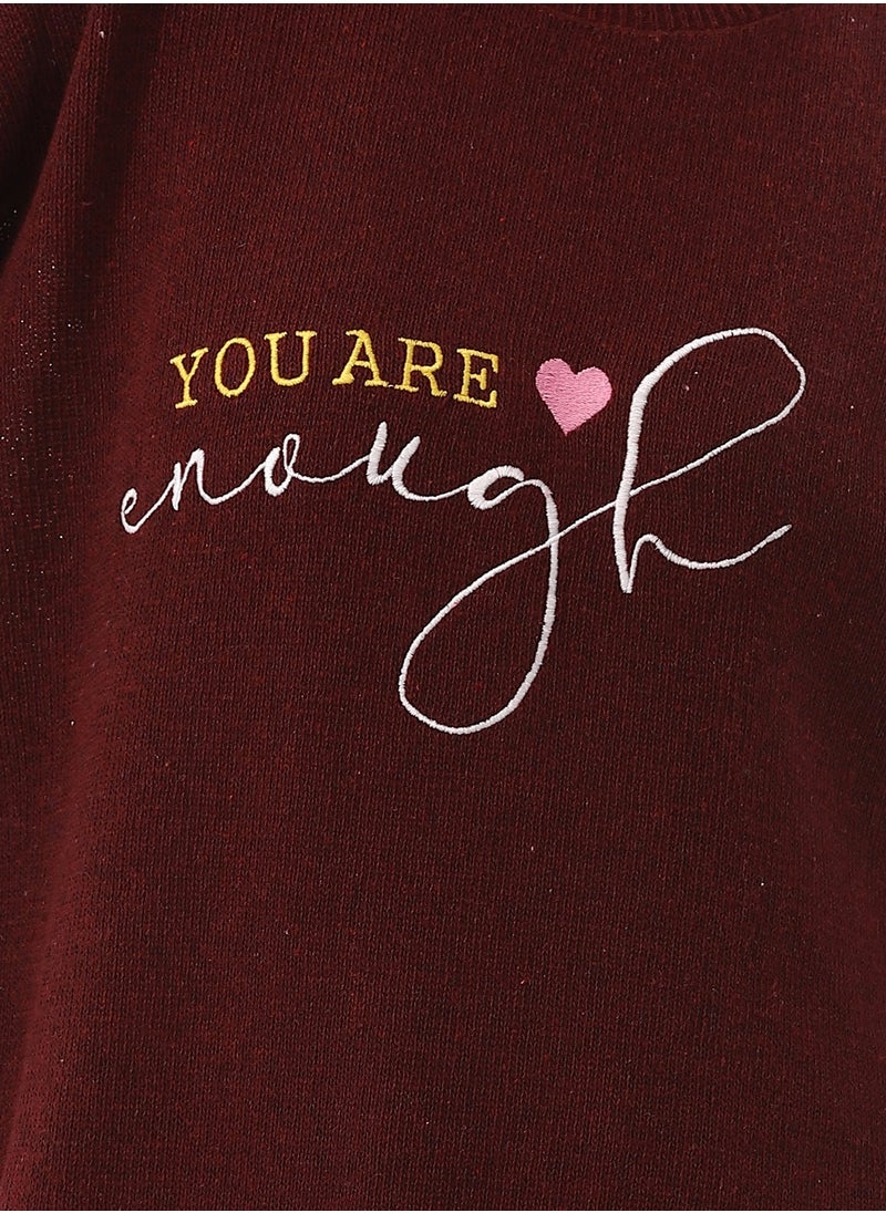 Andora You Are Enough Embroidered Slip On Burgundy Sweater  - Image 3