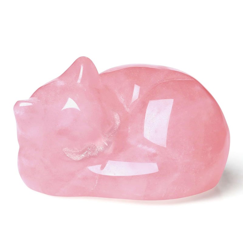 LAIDANLA Sleeping Cat Statue Pink Rose Quartz Healing Gemstone Hand Carved Cute Kitten Statue Figurine 1.6"" Decor Polished Stone Reiki Bedroom Office Desk Home Decoration Gifts - Image 1