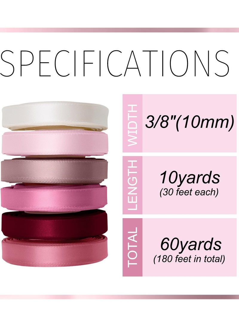 كيلا 6 قطع من شرائط الساتان الوردية بعرض 3/8 بوصة، شريط وردي فاتح غباري، شريط ساتان مزدوج الوجه بلون سادة متنوع، لتغليف باقة زهور الزفاف، تغليف الهدايا، فيونكات الشعر، الحرف اليدوية - Image 2