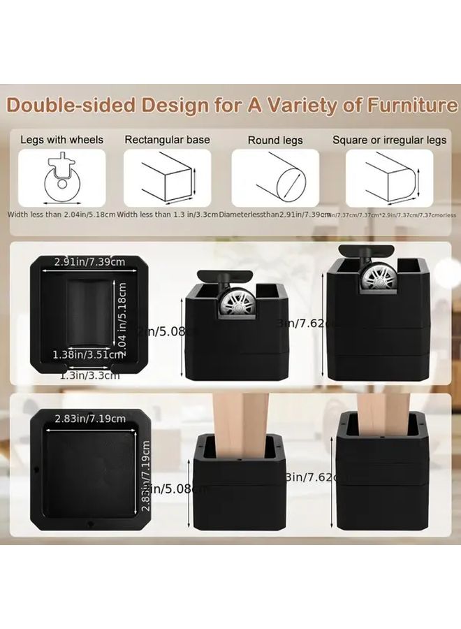 4 Pack Black Adjustable Bed Risers 3 Inches Lift Set with Wheels for Furniture - Image 4