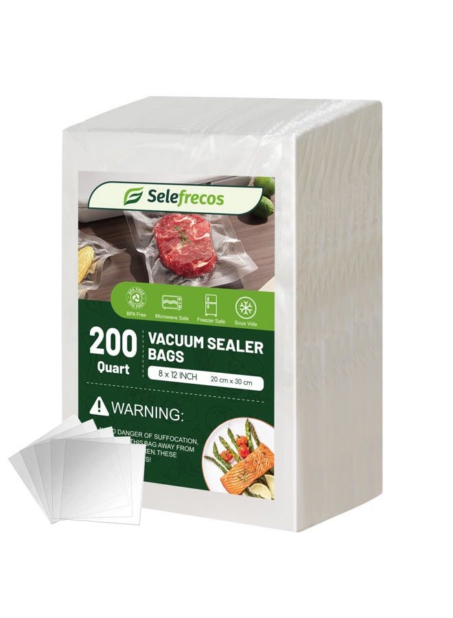 Selefrecos Vacuum Sealer Bags, 200 Quart BPA Free 8x12 Inch Vacuum Seal Bags for Food Saver, Seal a Meal, Weston. Heavy Duty Commercial Grade Vacuum Food Storage Bags for Sous Vide Freezer Vac Storage Meal Prep - Image 1