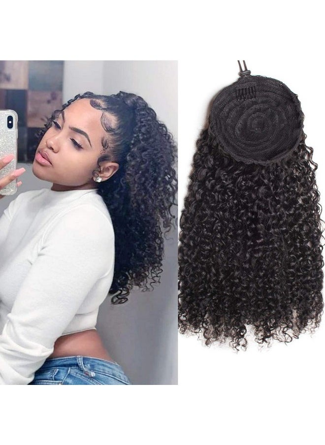 WENYU Kinky Curly Human Hair Drawstring Ponytail For Black Women 8A Brazilian Virgin Kinkys Curly Clip In Ponytail Extension Human Hair Pieces Natural Black (12 Inch Kinky Curly Drawstring Ponytail)  - Image 1