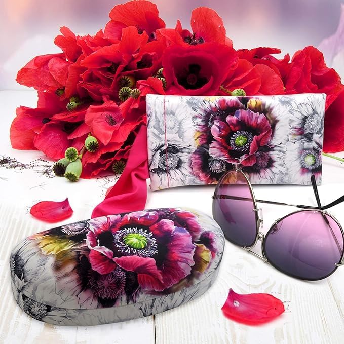 MyEyeglassCase Women's Sunglasses Case & Soft Glasses Pouch in Microfiber floral print - Medium to Large Eyeglass Case & Readers Pouch - Pouch & Cloth (AS113 Poppy) - Image 3