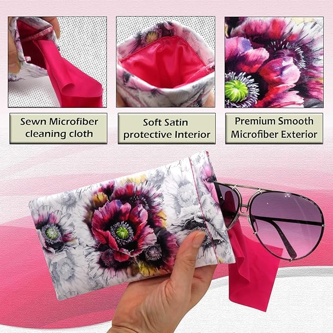 MyEyeglassCase Women's Sunglasses Case & Soft Glasses Pouch in Microfiber floral print - Medium to Large Eyeglass Case & Readers Pouch - Pouch & Cloth (AS113 Poppy) - Image 5