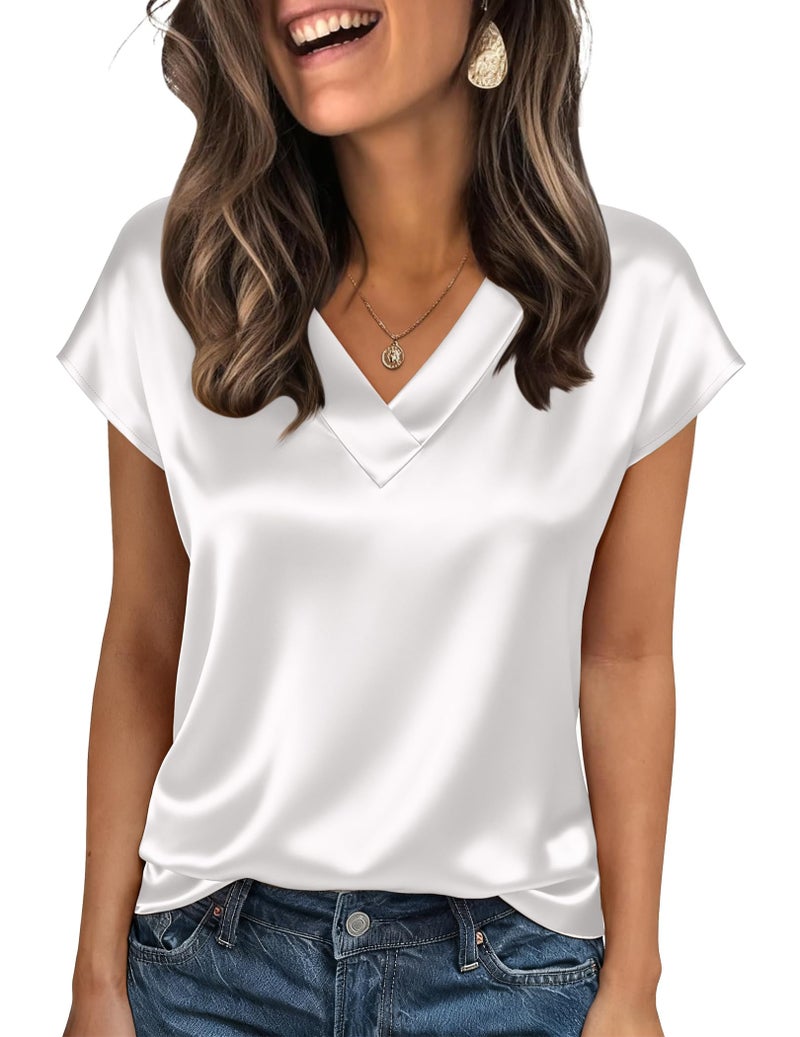 Zeagoo Womens Tops Silk Satin Short Sleeve Shirts Dressy Casual V Neck Summer Business Work Blouses White - Image 1
