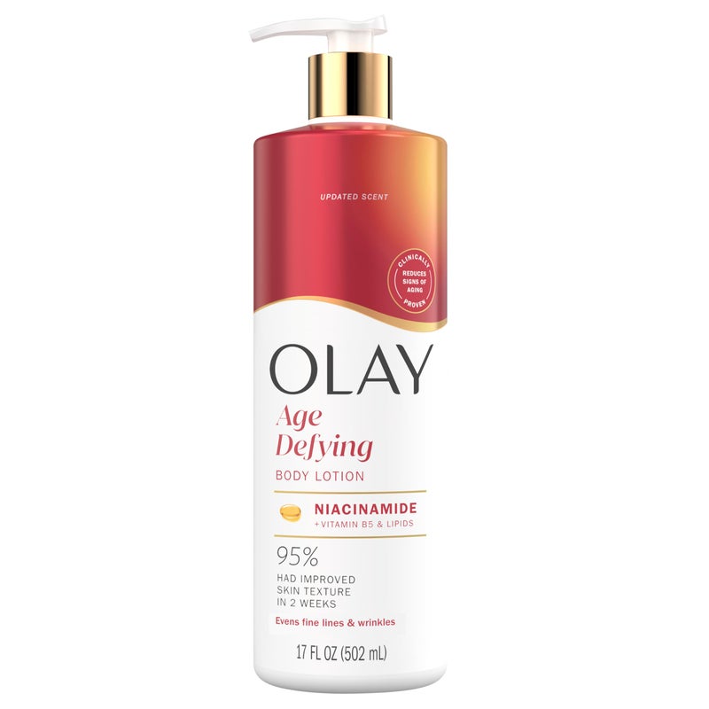 Olay Body Lotion for Women, Age Defying with Niacinamide Serum, Visibly Reduce Signs of Skin Aging, 24hr Moisture & Hydration, Fast Absorbing Formula, Vitamin B3 Complex, For All Skin Types, 17 fl oz - Packaging May Vary - Image 1