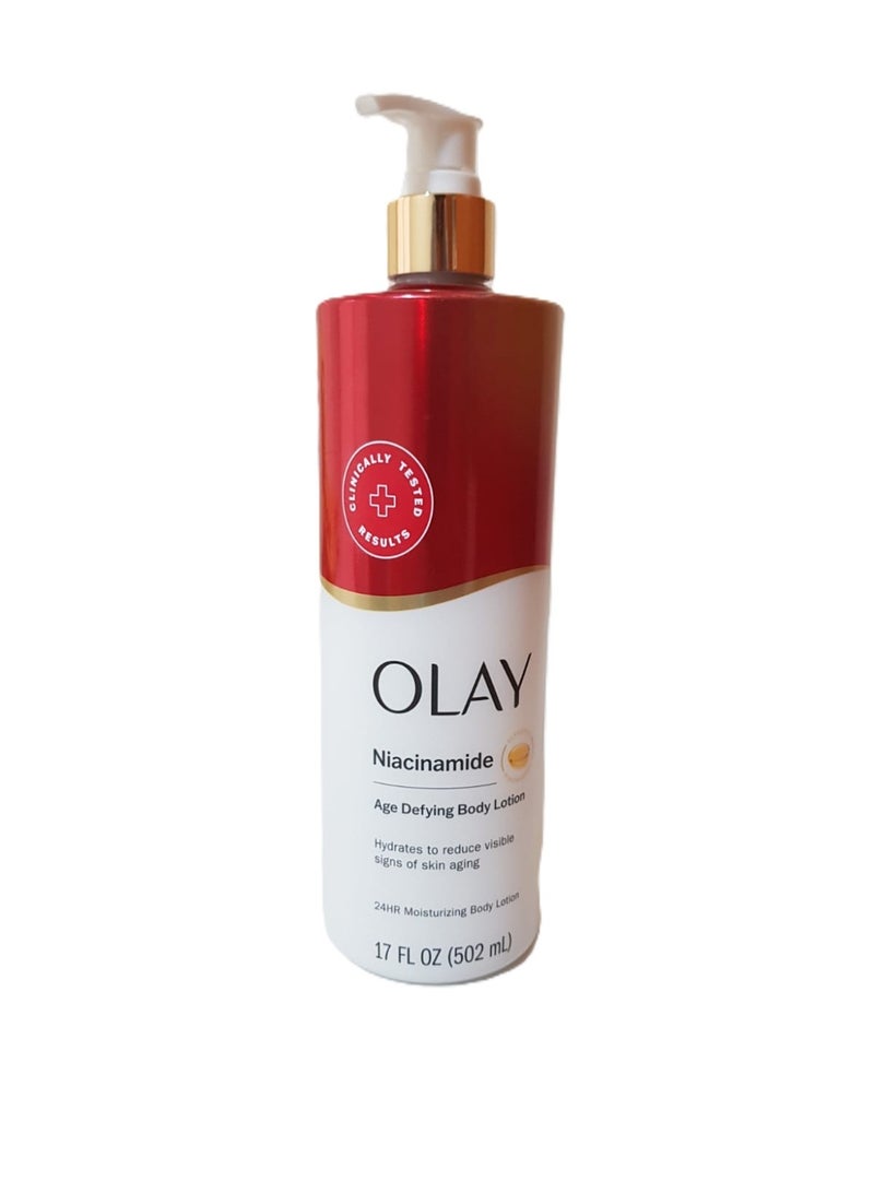 Olay Body Lotion for Women, Age Defying with Niacinamide Serum, Visibly Reduce Signs of Skin Aging, 24hr Moisture & Hydration, Fast Absorbing Formula, Vitamin B3 Complex, For All Skin Types, 17 fl oz - Packaging May Vary - Image 2