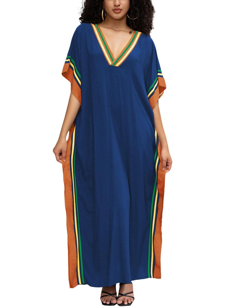 KECVOT Kaftan Dresses for Women V-Neck Print Swimsuit Cover Up Plus Size Beach Caftan Lounge Dress Deep Blue - Image 1