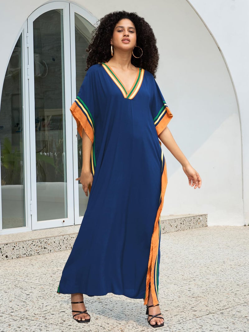 KECVOT Kaftan Dresses for Women V-Neck Print Swimsuit Cover Up Plus Size Beach Caftan Lounge Dress Deep Blue - Image 3