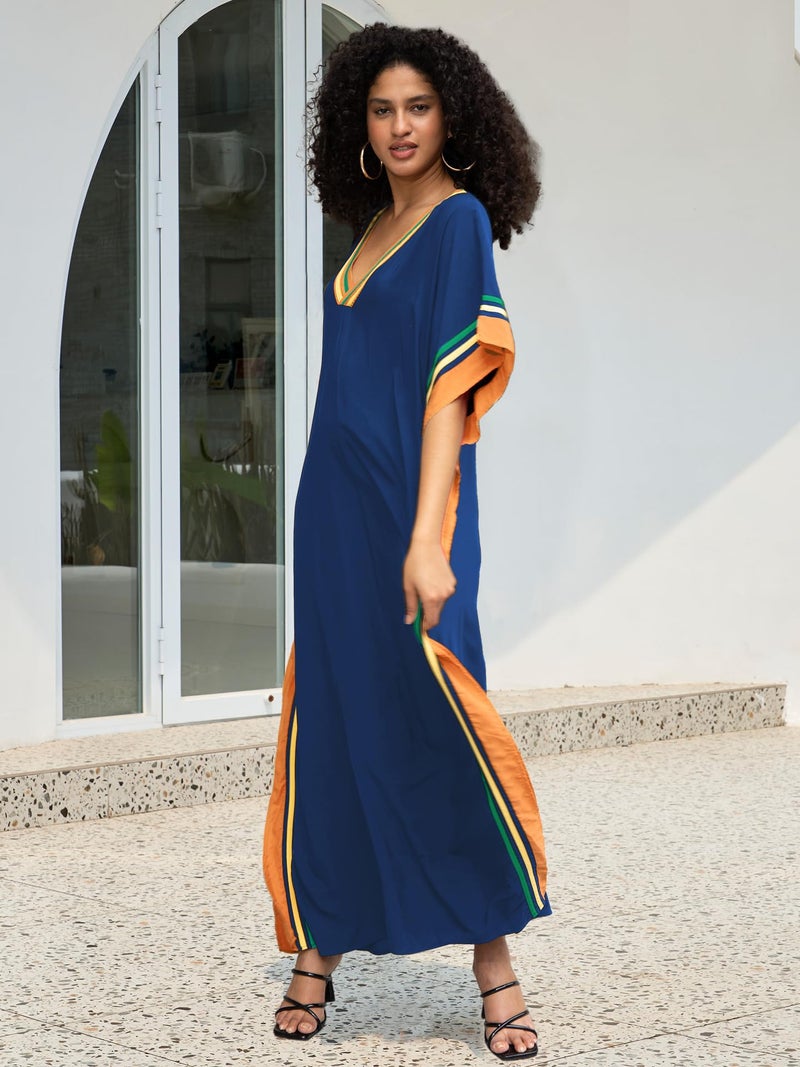 KECVOT Kaftan Dresses for Women V-Neck Print Swimsuit Cover Up Plus Size Beach Caftan Lounge Dress Deep Blue - Image 4