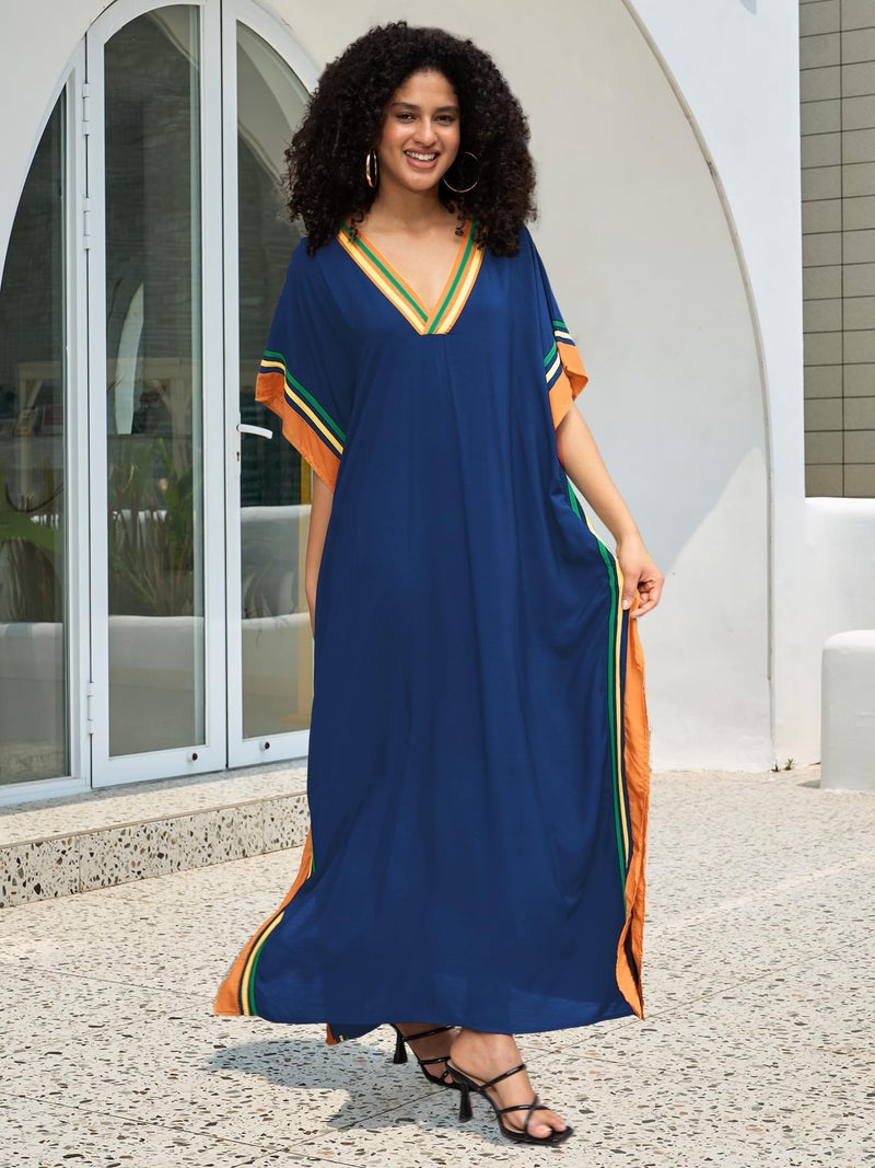 KECVOT Kaftan Dresses for Women V-Neck Print Swimsuit Cover Up Plus Size Beach Caftan Lounge Dress Deep Blue - Image 2