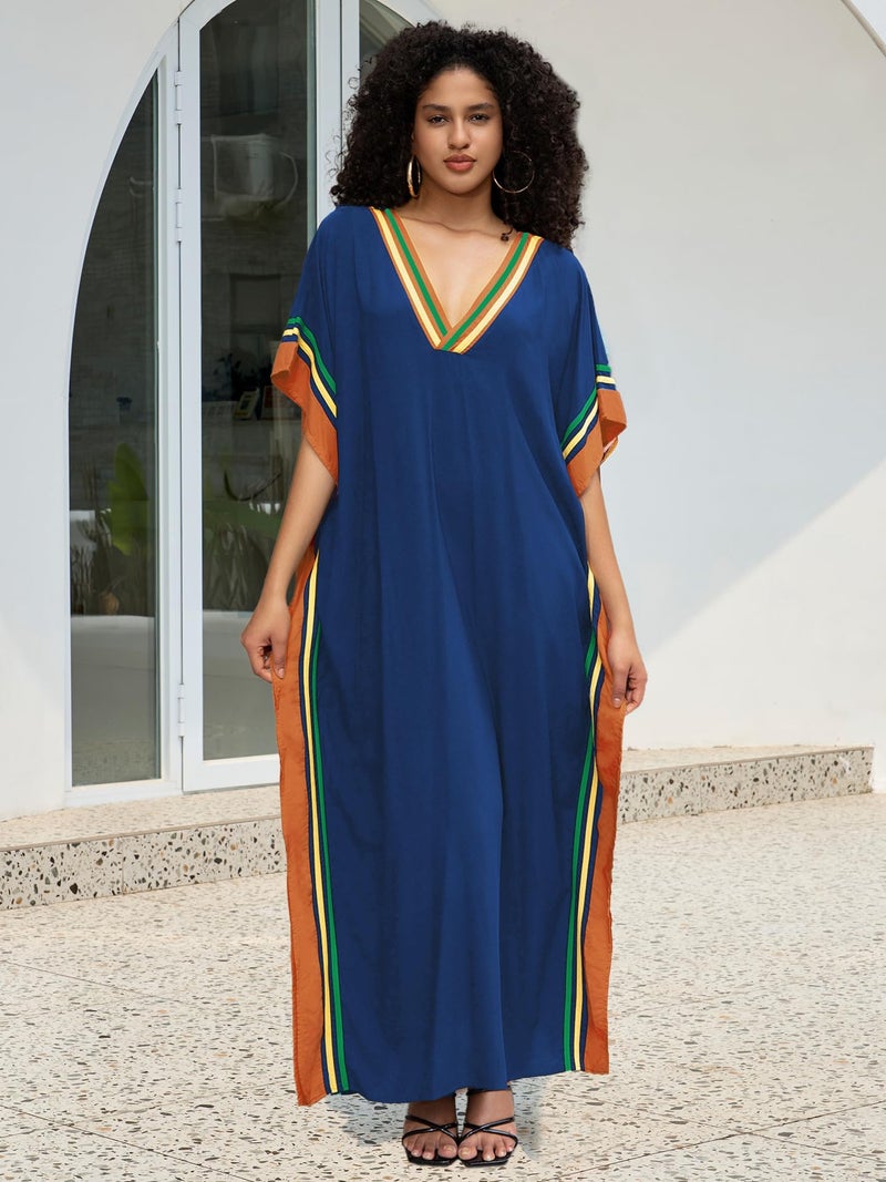 KECVOT Kaftan Dresses for Women V-Neck Print Swimsuit Cover Up Plus Size Beach Caftan Lounge Dress Deep Blue - Image 5