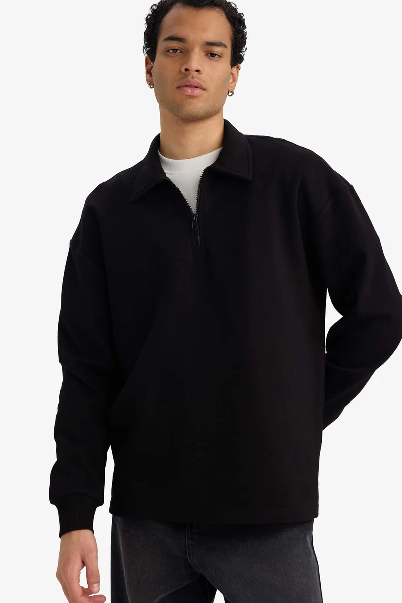 ديفاكتو Boxy Fit Polo Collar Half Zippered Pique Sweatshirt